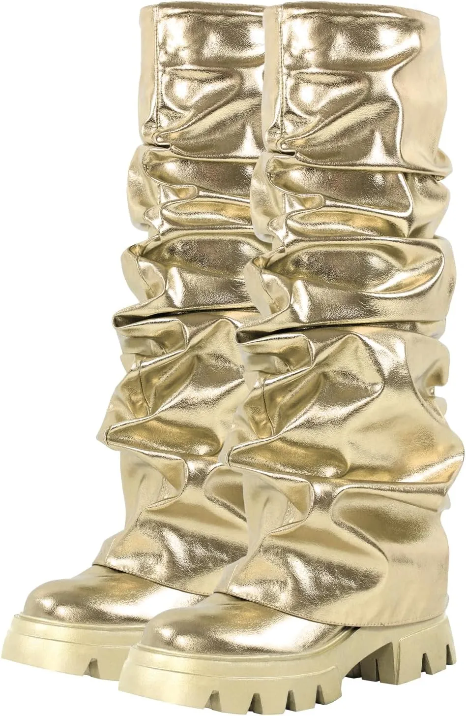 richealnini Metallic Knee High Boots for Women Round Toe Platform Heel Pull On Slouch Boots