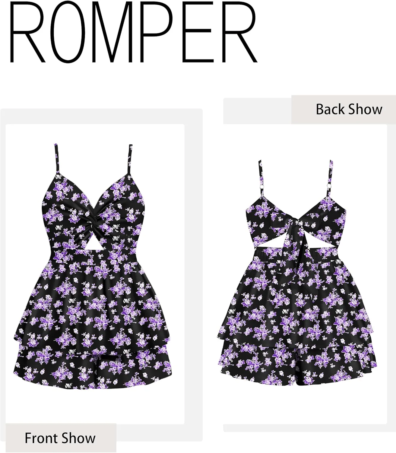 Rompers for Women Sexy Twist V Neck Spaghetti Straps Back Tie Casual Jumpsuits Dressy Floral Shorts Romper Dress