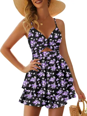 Rompers for Women Sexy Twist V Neck Spaghetti Straps Back Tie Casual Jumpsuits Dressy Floral Shorts Romper Dress