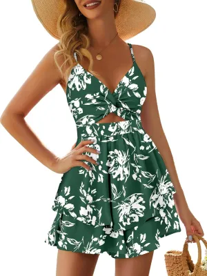 Rompers for Women Sexy Twist V Neck Spaghetti Straps Back Tie Casual Jumpsuits Dressy Floral Shorts Romper Dress