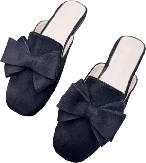 SAILING LU Women's Cute Bow Mules Square Toe Backless Loafers Easy Slip-on Flat Slides Comfortable Sandals Summer Shoes