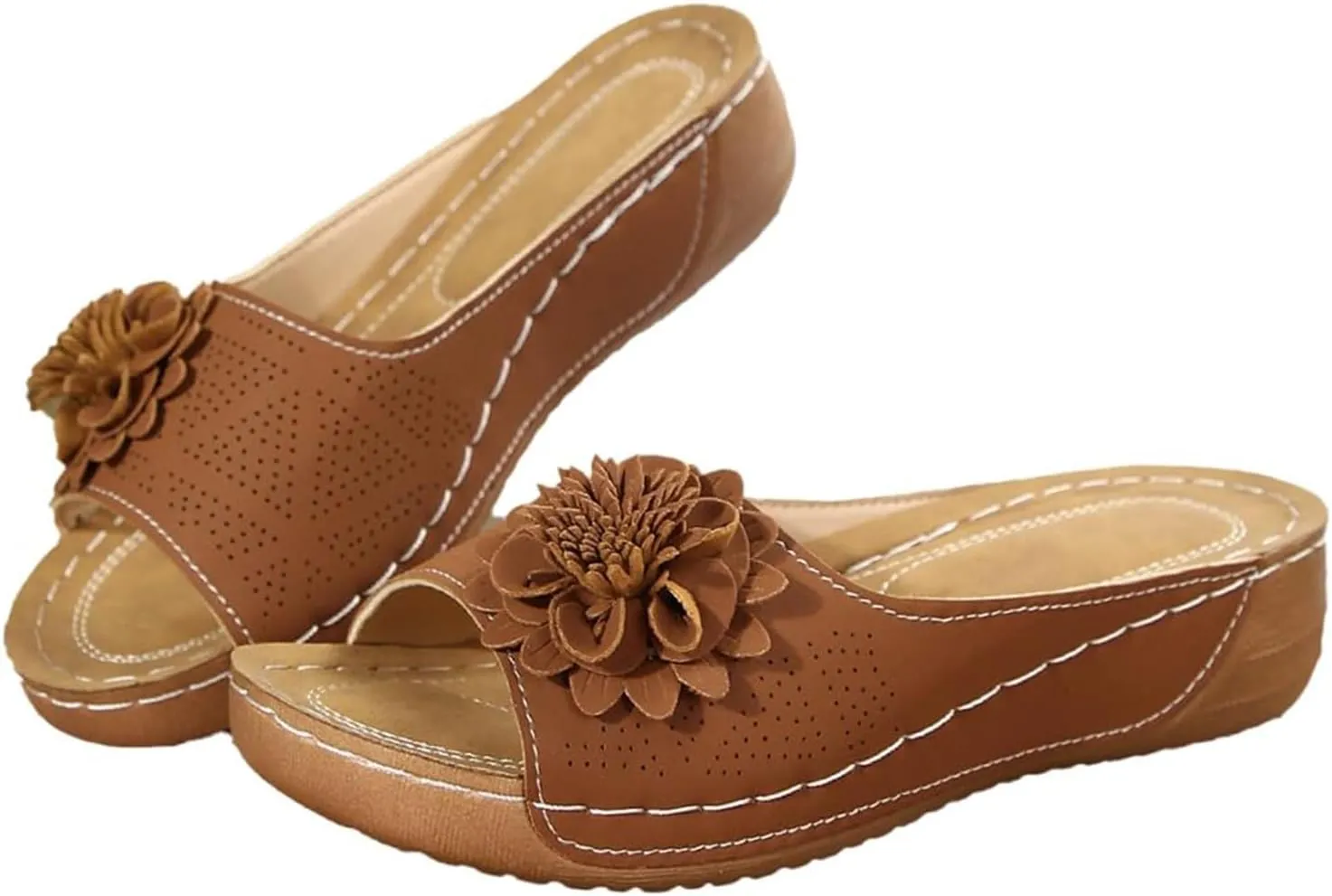Sandals for Women 2025 Lightweight Flowers Orthopedic Sandal Low Wedge Heel Comfortable Open Toe Hollow Out Slippers Casual Boho Slip on Beach Walking Sandals for Dressy Casual Wear