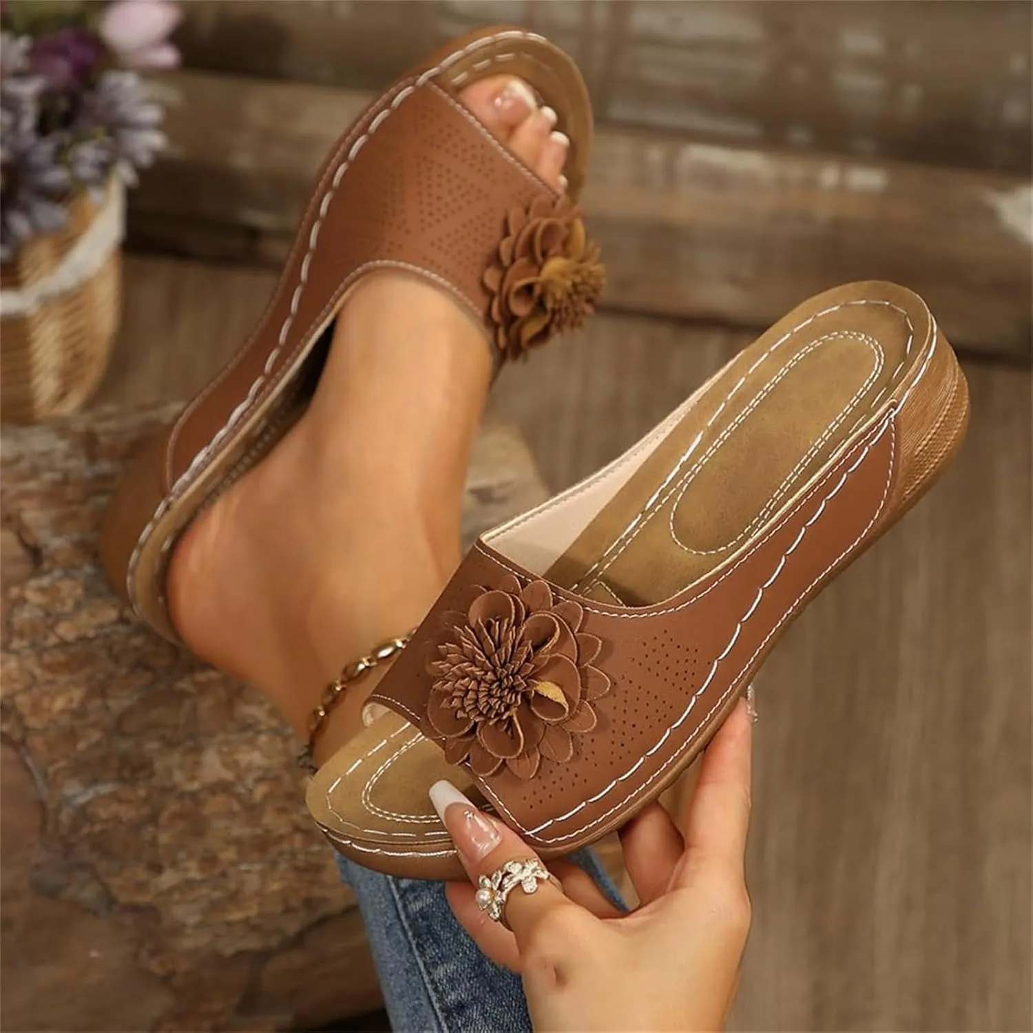 Sandals for Women 2025 Lightweight Flowers Orthopedic Sandal Low Wedge Heel Comfortable Open Toe Hollow Out Slippers Casual Boho Slip on Beach Walking Sandals for Dressy Casual Wear