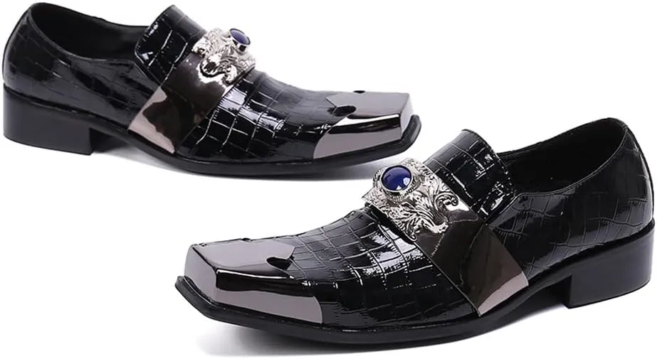 Santimon Mens Dress Loafers Metal-Strapped Genuine Leather Sapphire Decor Hard Square Tip Business Evening Party Wedding Shoes