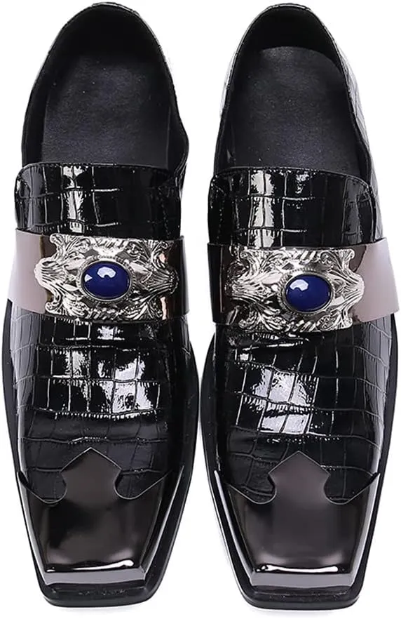Santimon Mens Dress Loafers Metal-Strapped Genuine Leather Sapphire Decor Hard Square Tip Business Evening Party Wedding Shoes