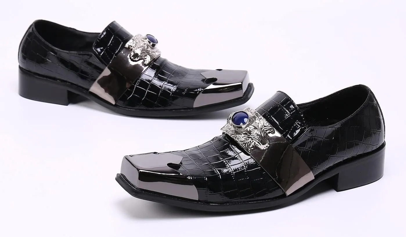 Santimon Mens Dress Loafers Metal-Strapped Genuine Leather Sapphire Decor Hard Square Tip Business Evening Party Wedding Shoes