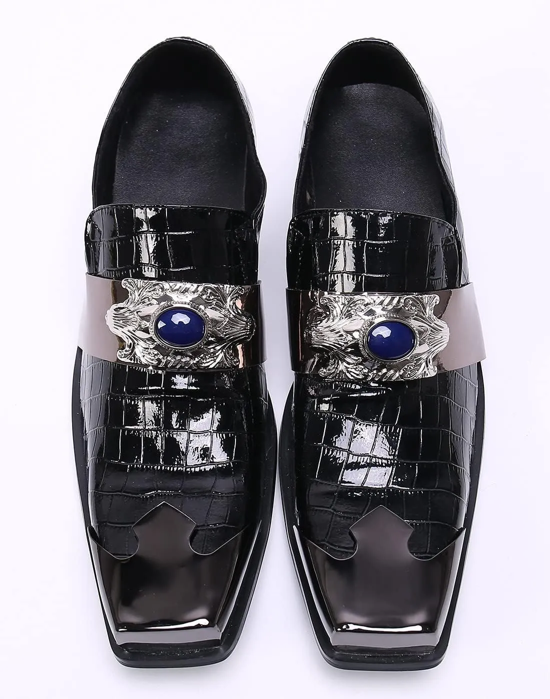 Santimon Mens Dress Loafers Metal-Strapped Genuine Leather Sapphire Decor Hard Square Tip Business Evening Party Wedding Shoes