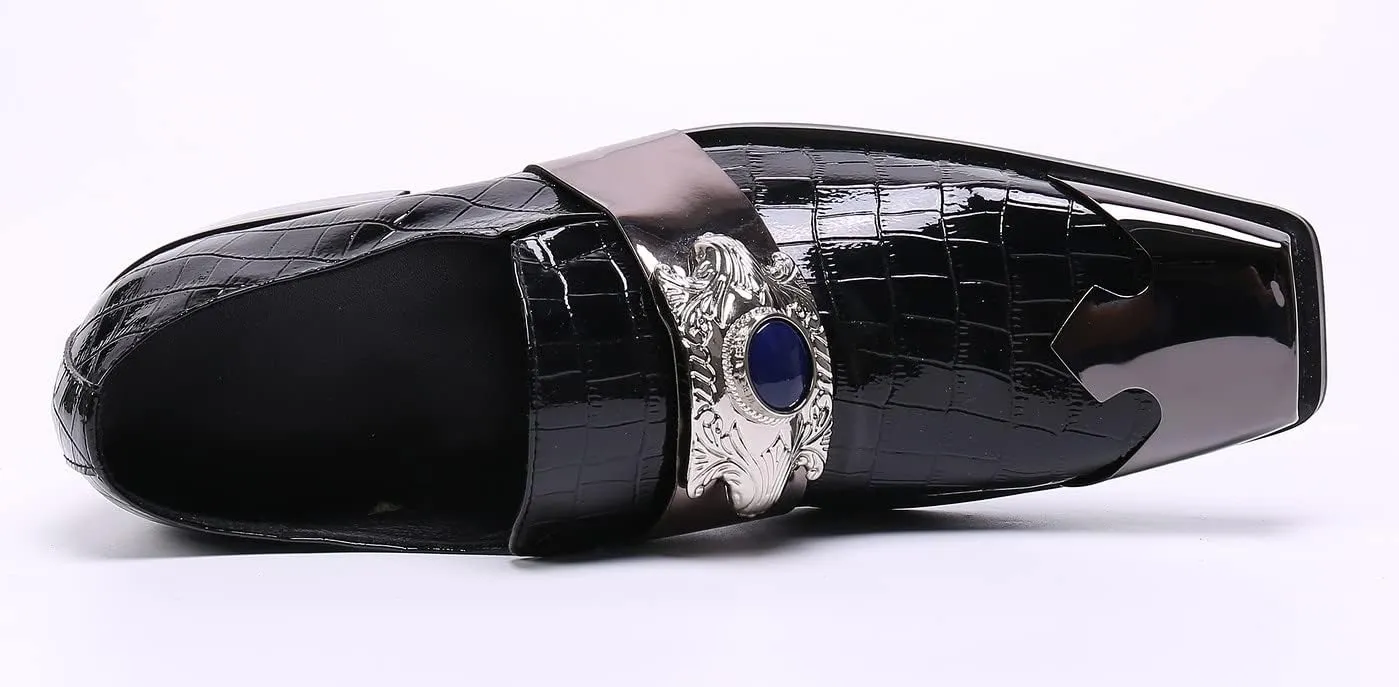 Santimon Mens Dress Loafers Metal-Strapped Genuine Leather Sapphire Decor Hard Square Tip Business Evening Party Wedding Shoes