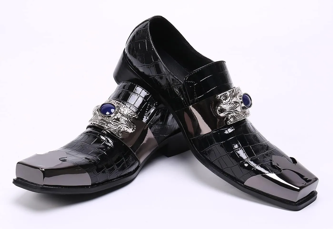 Santimon Mens Dress Loafers Metal-Strapped Genuine Leather Sapphire Decor Hard Square Tip Business Evening Party Wedding Shoes