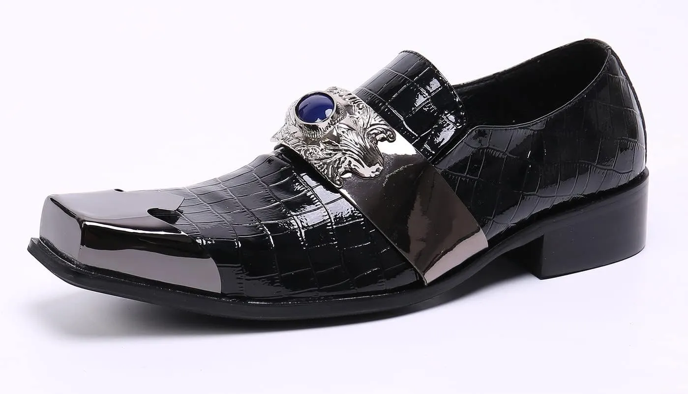 Santimon Mens Dress Loafers Metal-Strapped Genuine Leather Sapphire Decor Hard Square Tip Business Evening Party Wedding Shoes