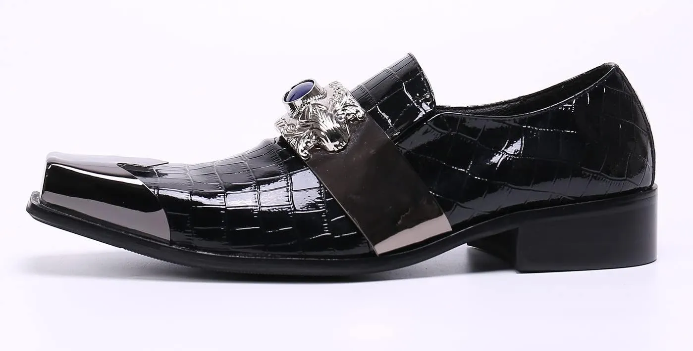 Santimon Mens Dress Loafers Metal-Strapped Genuine Leather Sapphire Decor Hard Square Tip Business Evening Party Wedding Shoes