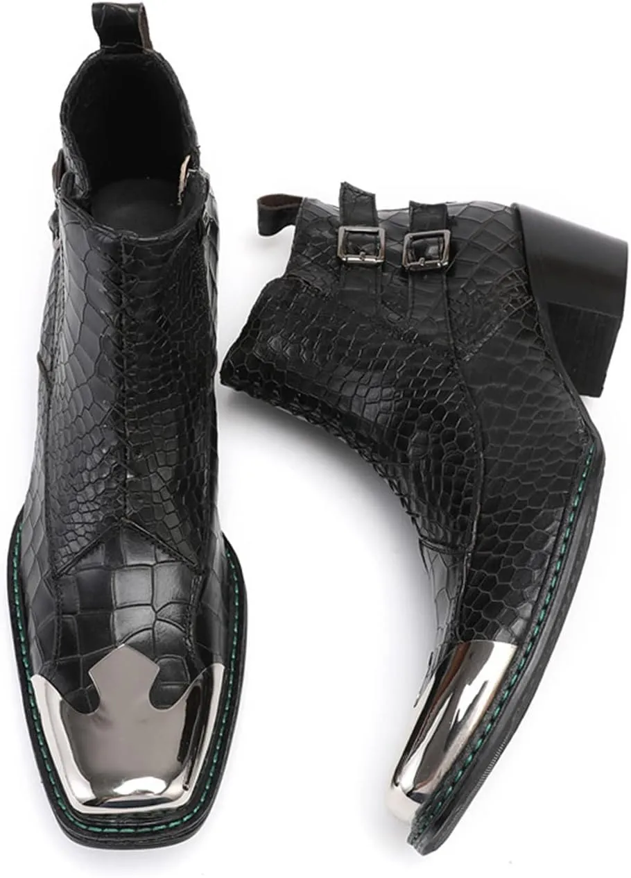 Santimon Mens Western Chelsea Boots Genuine Leather Casual Square Toe Metal Tip Zipper Dress Ankle Boot