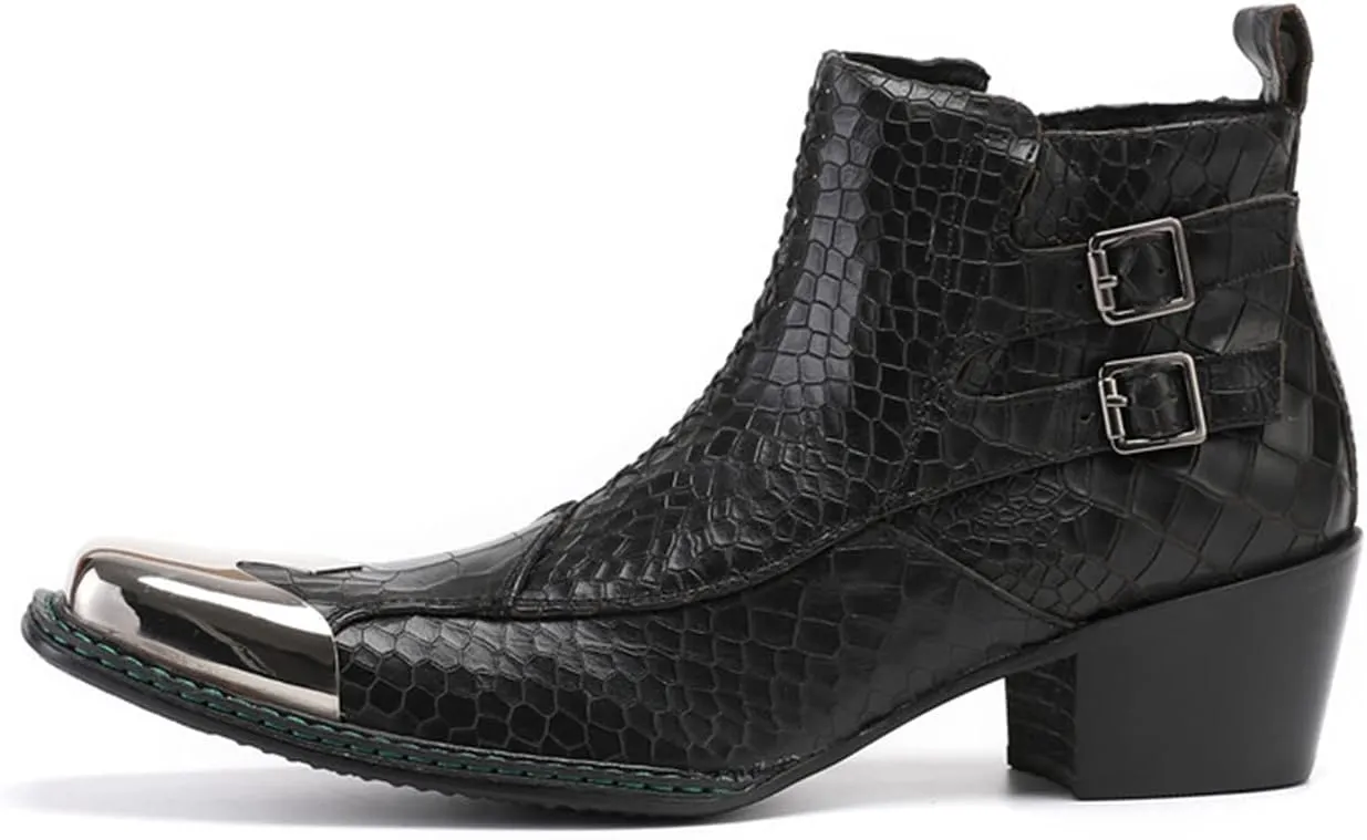 Santimon Mens Western Chelsea Boots Genuine Leather Casual Square Toe Metal Tip Zipper Dress Ankle Boot