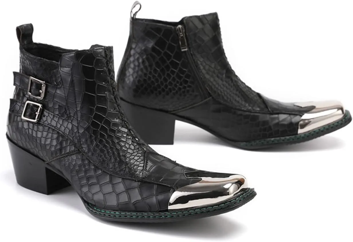 Santimon Mens Western Chelsea Boots Genuine Leather Casual Square Toe Metal Tip Zipper Dress Ankle Boot
