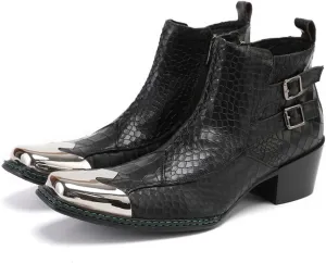 Santimon Mens Western Chelsea Boots Genuine Leather Casual Square Toe Metal Tip Zipper Dress Ankle Boot