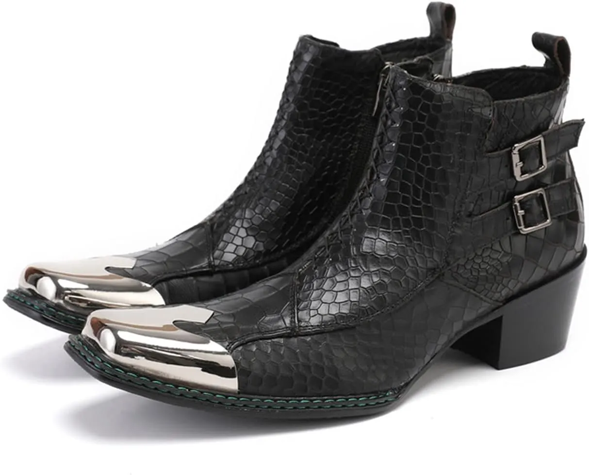 Santimon Mens Western Chelsea Boots Genuine Leather Casual Square Toe Metal Tip Zipper Dress Ankle Boot