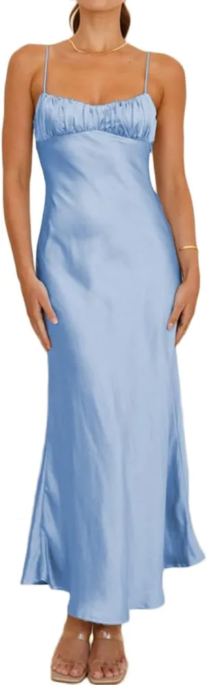 Satin Spaghetti Strap Backless Ruched Twist Cocktail Dresses for Women Silk Open Back Cut Out Midi Dress Wedding Guest