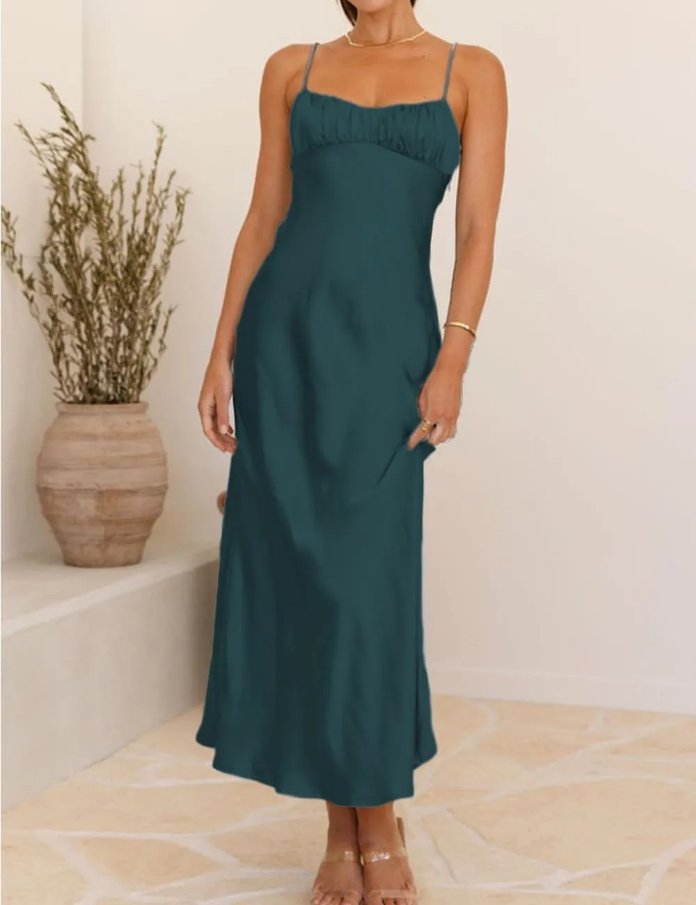 Satin Spaghetti Strap Backless Ruched Twist Cocktail Dresses for Women Silk Open Back Cut Out Midi Dress Wedding Guest