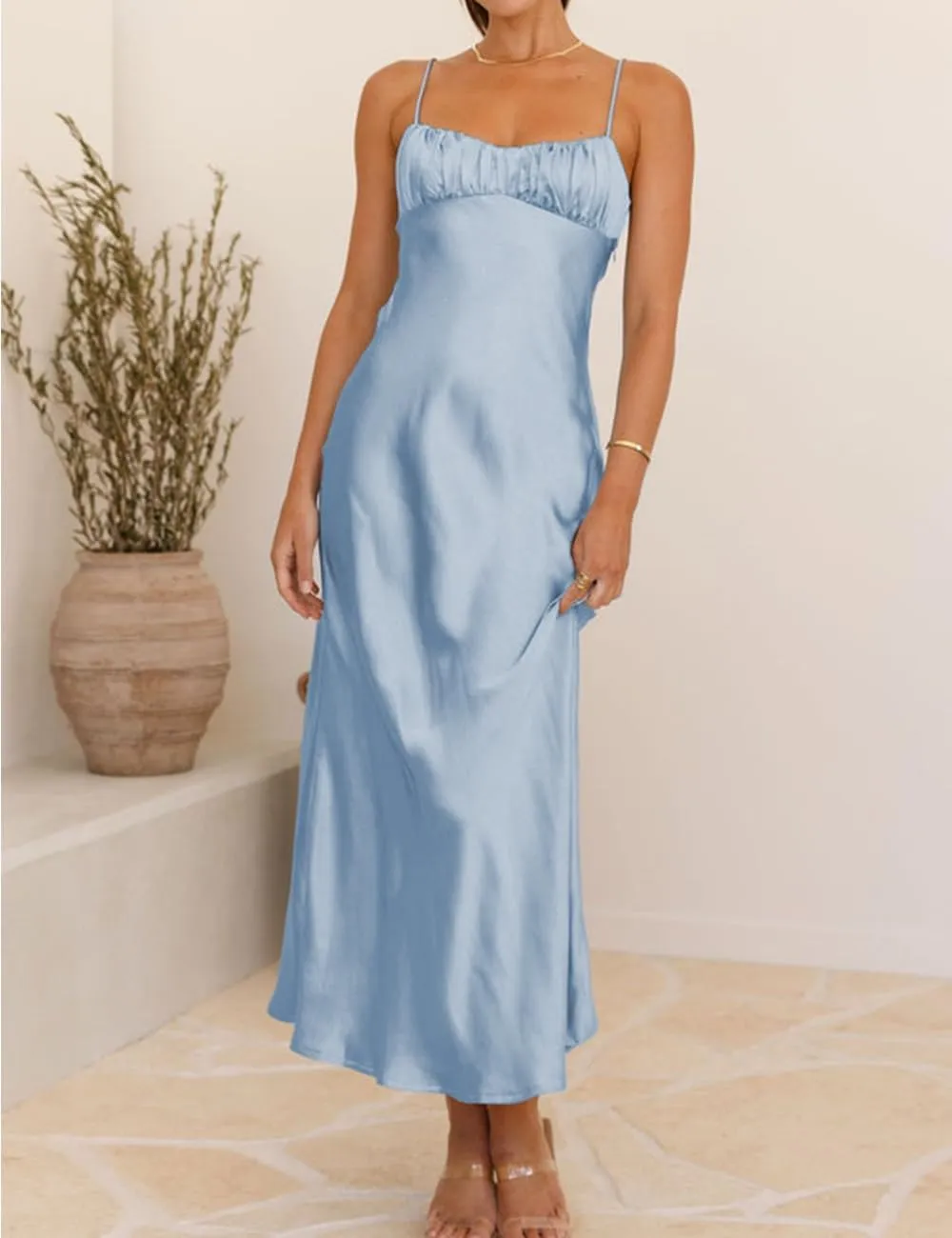 Satin Spaghetti Strap Backless Ruched Twist Cocktail Dresses for Women Silk Open Back Cut Out Midi Dress Wedding Guest