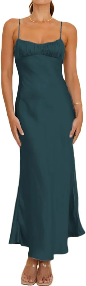 Satin Spaghetti Strap Backless Ruched Twist Cocktail Dresses for Women Silk Open Back Cut Out Midi Dress Wedding Guest
