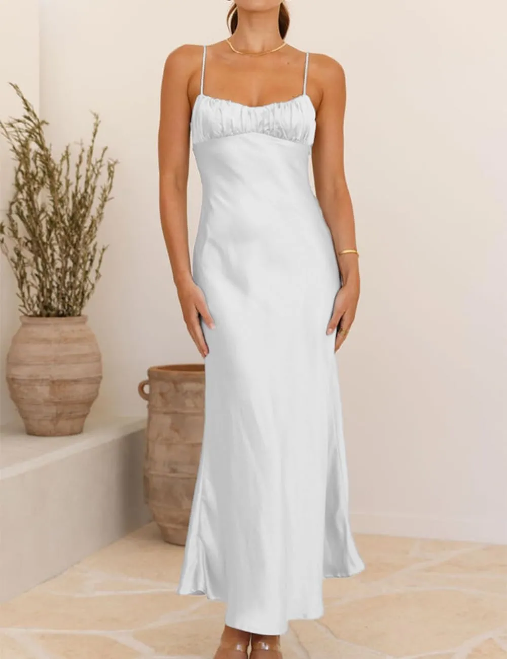 Satin Spaghetti Strap Backless Ruched Twist Cocktail Dresses for Women Silk Open Back Cut Out Midi Dress Wedding Guest