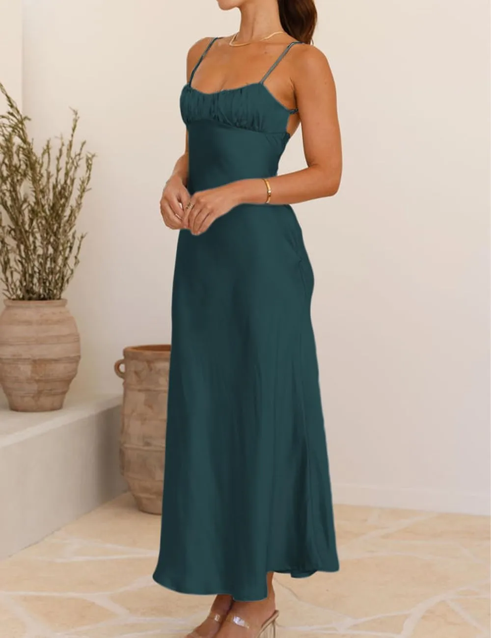 Satin Spaghetti Strap Backless Ruched Twist Cocktail Dresses for Women Silk Open Back Cut Out Midi Dress Wedding Guest