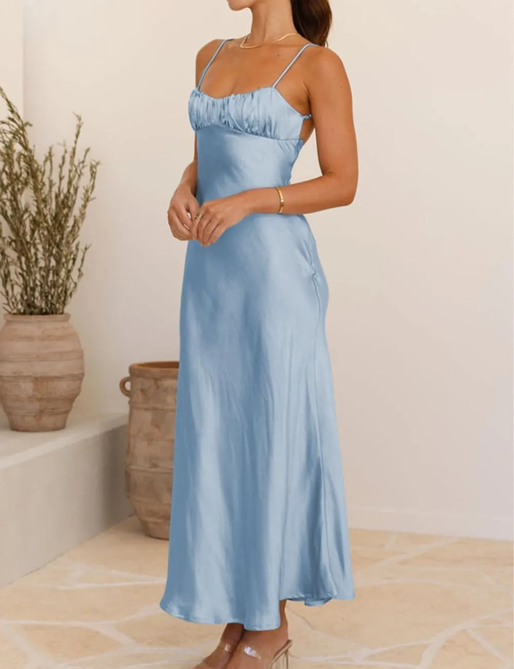 Satin Spaghetti Strap Backless Ruched Twist Cocktail Dresses for Women Silk Open Back Cut Out Midi Dress Wedding Guest