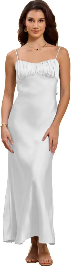 Satin Spaghetti Strap Backless Ruched Twist Cocktail Dresses for Women Silk Open Back Cut Out Midi Dress Wedding Guest