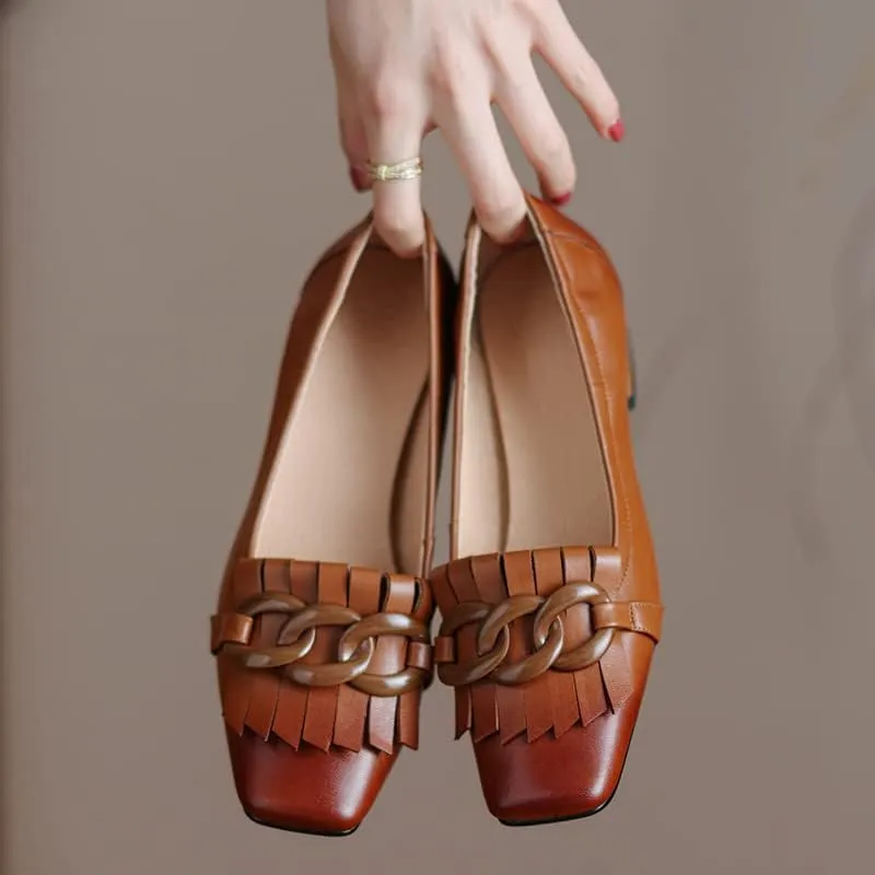 sexytag Women's Genuine Leather Tassels Loafers Block Low Heel Slip on Handmade Oxford Retro Shoes