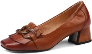 sexytag Women's Genuine Leather Tassels Loafers Block Low Heel Slip on Handmade Oxford Retro Shoes