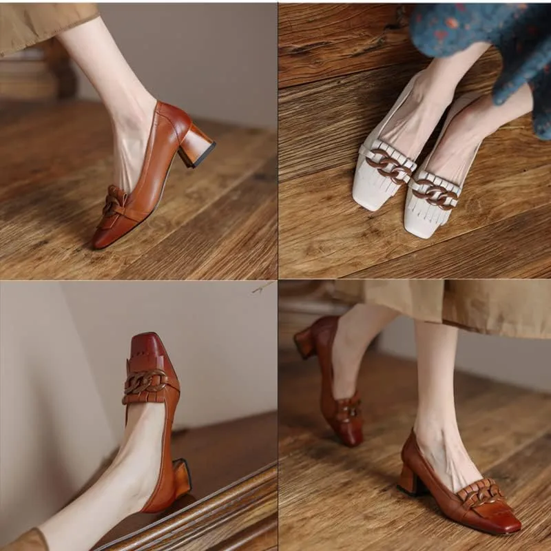 sexytag Women's Genuine Leather Tassels Loafers Block Low Heel Slip on Handmade Oxford Retro Shoes