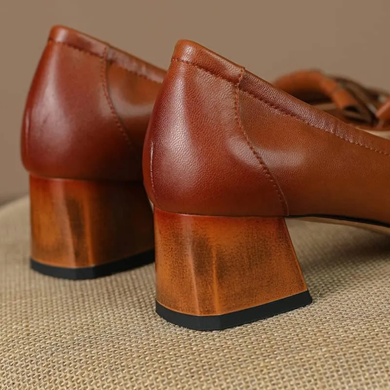 sexytag Women's Genuine Leather Tassels Loafers Block Low Heel Slip on Handmade Oxford Retro Shoes