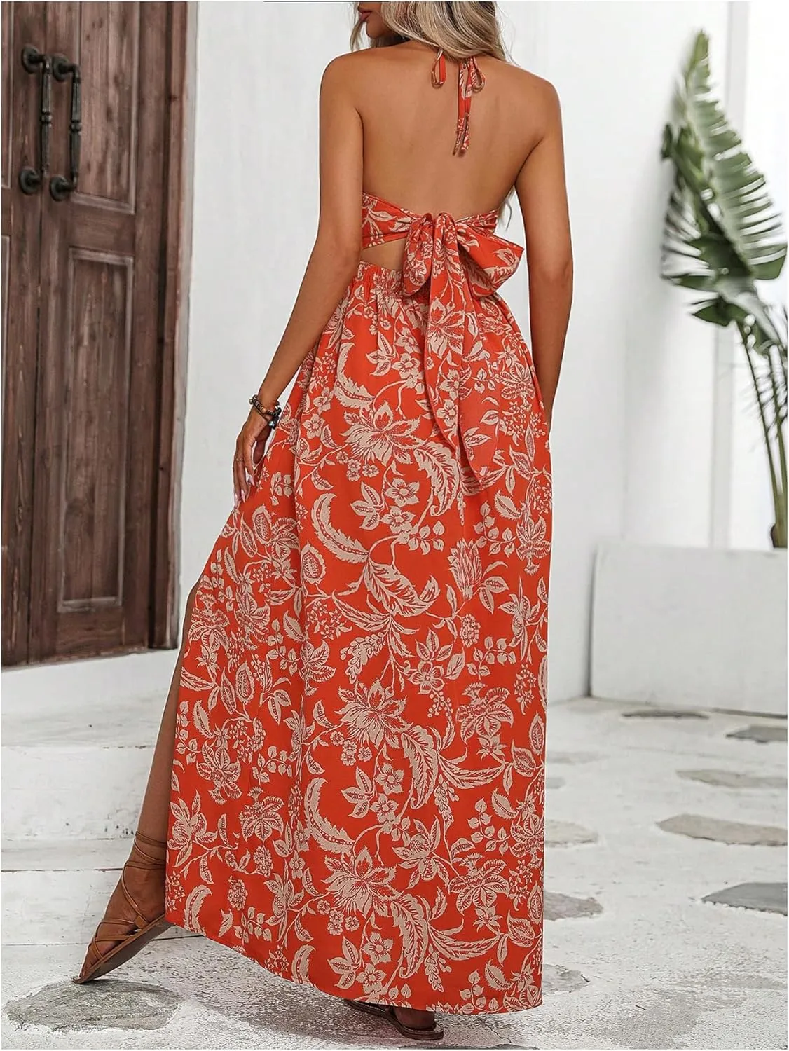 SHENHE Women's Cut Out Twist Front Side Slit Halter Backless Flowy Tropical Boho Maxi Dress