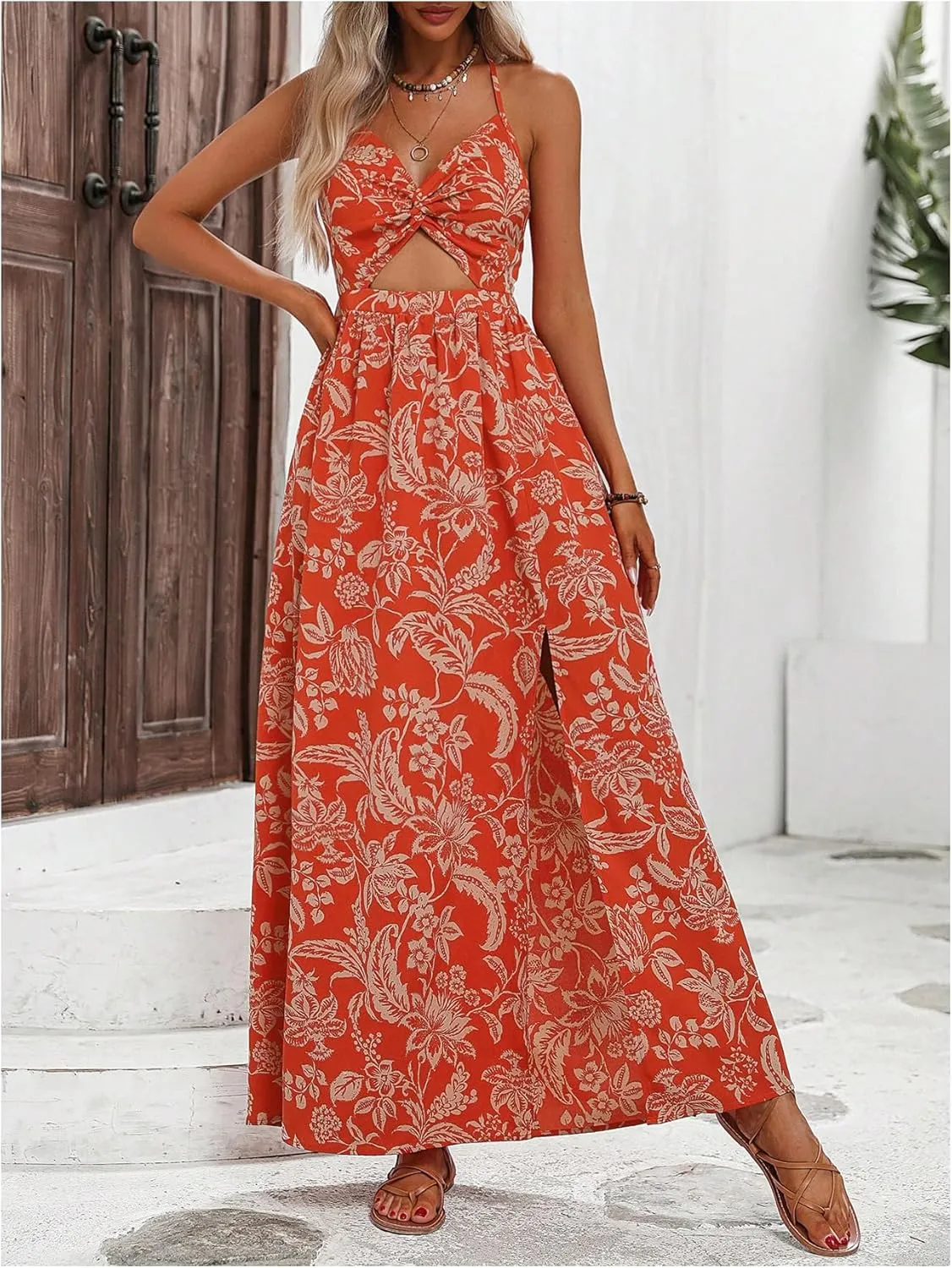 SHENHE Women's Cut Out Twist Front Side Slit Halter Backless Flowy Tropical Boho Maxi Dress