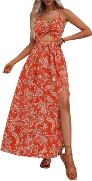 SHENHE Women's Cut Out Twist Front Side Slit Halter Backless Flowy Tropical Boho Maxi Dress