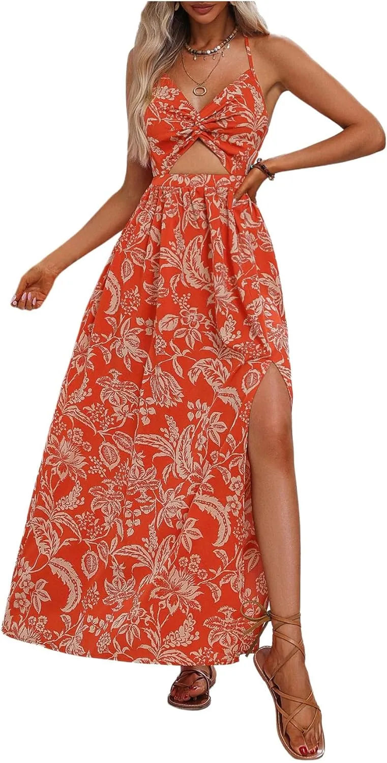 SHENHE Women's Cut Out Twist Front Side Slit Halter Backless Flowy Tropical Boho Maxi Dress