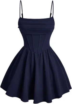 SHENHE Women's Ruched Corset Dress Spaghetti Strap Fit and Flare Flowy Skater Mini Cami Dress