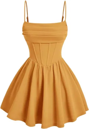 SHENHE Women's Ruched Corset Dress Spaghetti Strap Fit and Flare Flowy Skater Mini Cami Dress