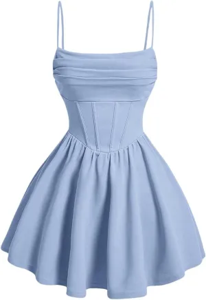 SHENHE Women's Ruched Corset Dress Spaghetti Strap Fit and Flare Flowy Skater Mini Cami Dress