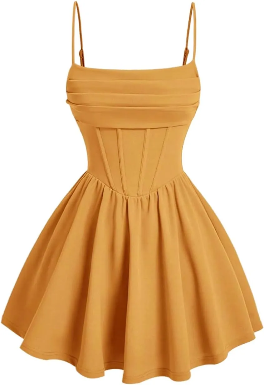 SHENHE Women's Ruched Corset Dress Spaghetti Strap Fit and Flare Flowy Skater Mini Cami Dress