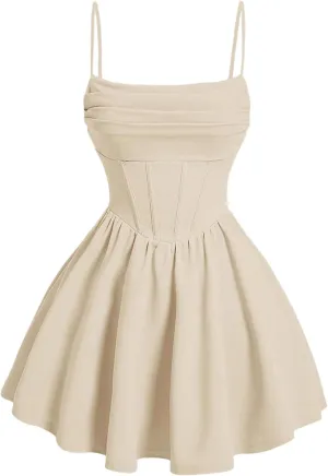 SHENHE Women's Ruched Corset Dress Spaghetti Strap Fit and Flare Flowy Skater Mini Cami Dress