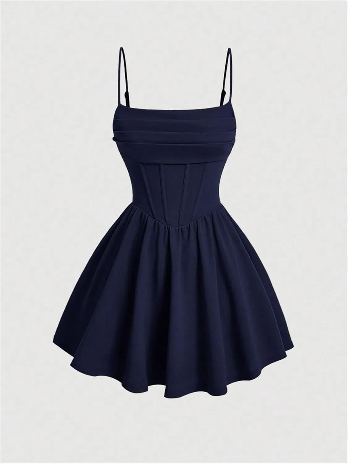 SHENHE Women's Ruched Corset Dress Spaghetti Strap Fit and Flare Flowy Skater Mini Cami Dress