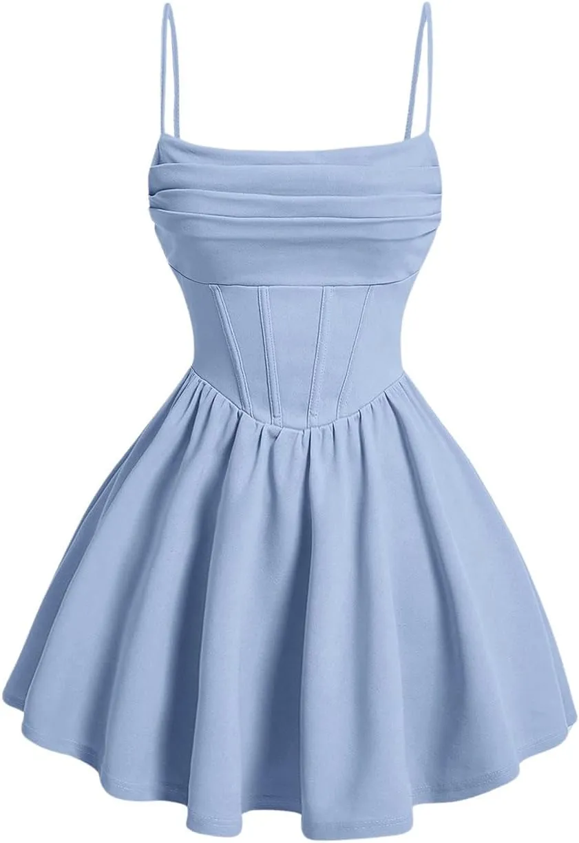 SHENHE Women's Ruched Corset Dress Spaghetti Strap Fit and Flare Flowy Skater Mini Cami Dress