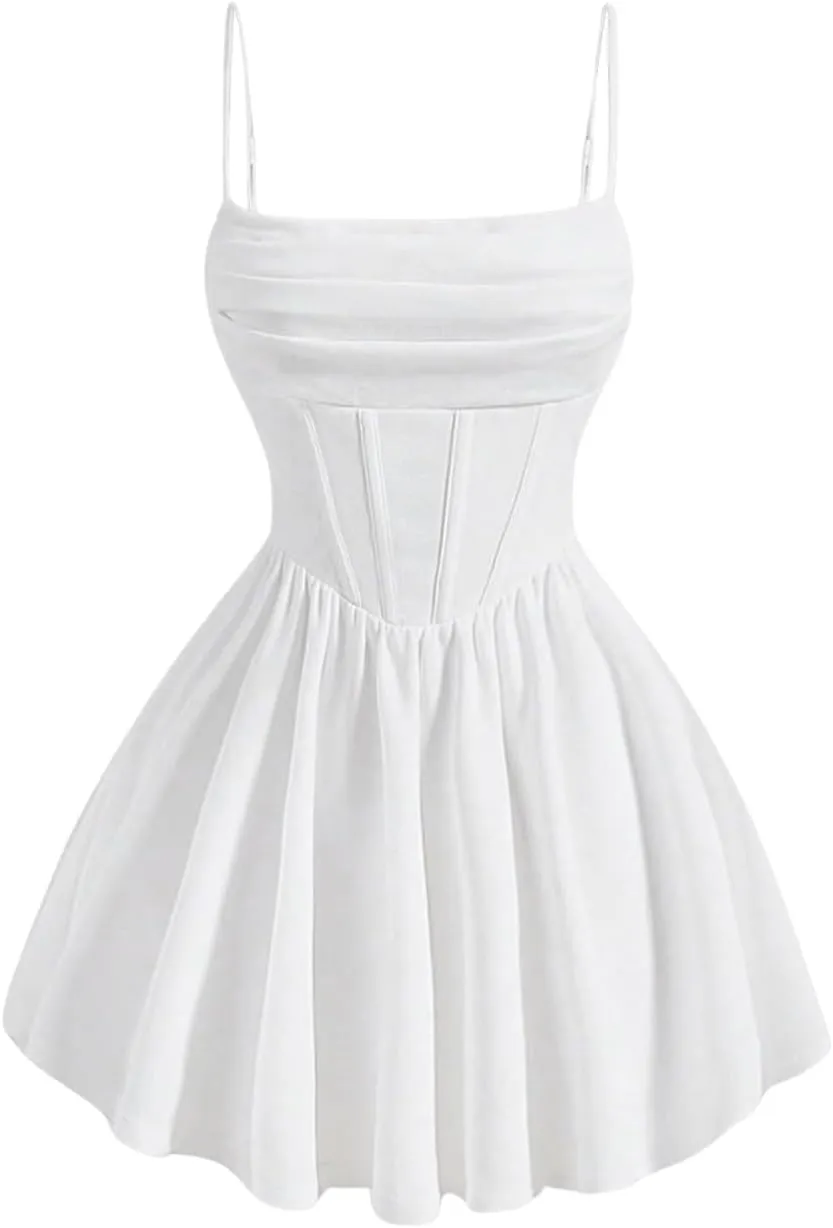 SHENHE Women's Ruched Corset Dress Spaghetti Strap Fit and Flare Flowy Skater Mini Cami Dress