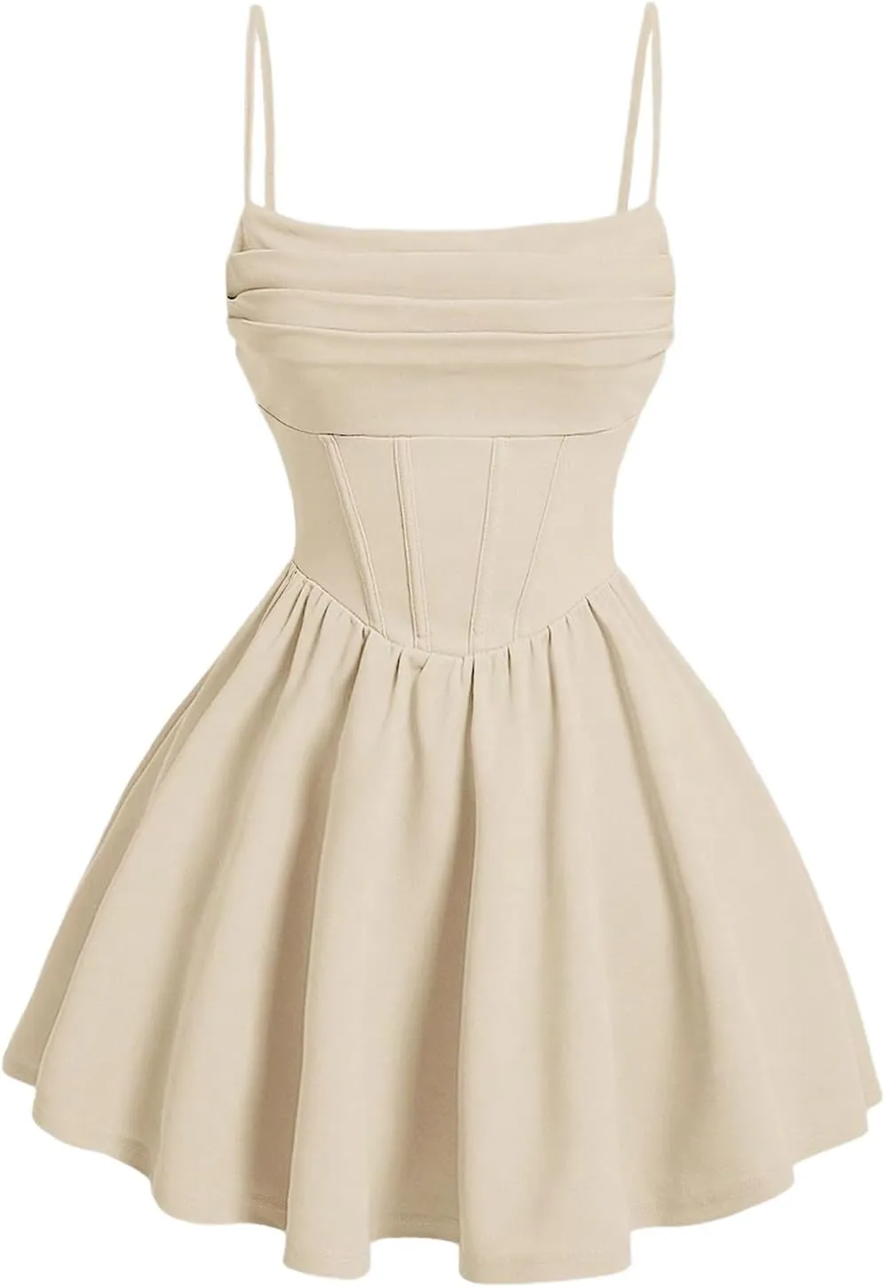 SHENHE Women's Ruched Corset Dress Spaghetti Strap Fit and Flare Flowy Skater Mini Cami Dress