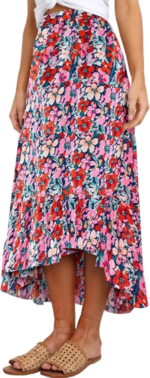 SimpleFun Women's Long Skirts Boho Floral Elastic High Waist Asymmetrical Hem Midi Skirt