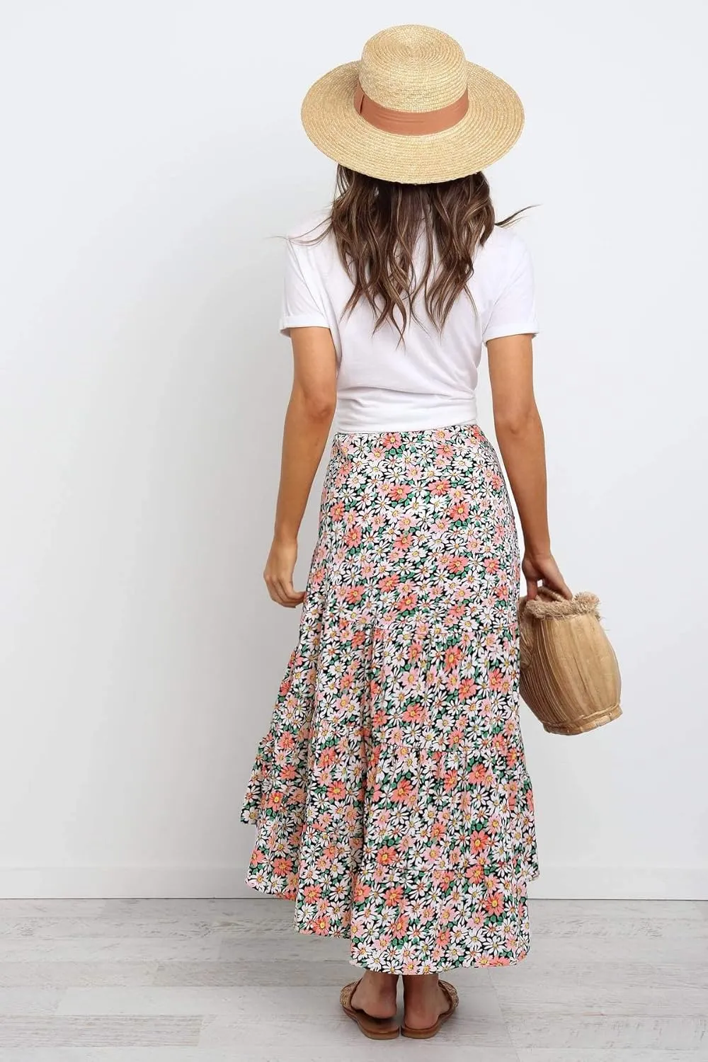 SimpleFun Women's Long Skirts Boho Floral Elastic High Waist Asymmetrical Hem Midi Skirt
