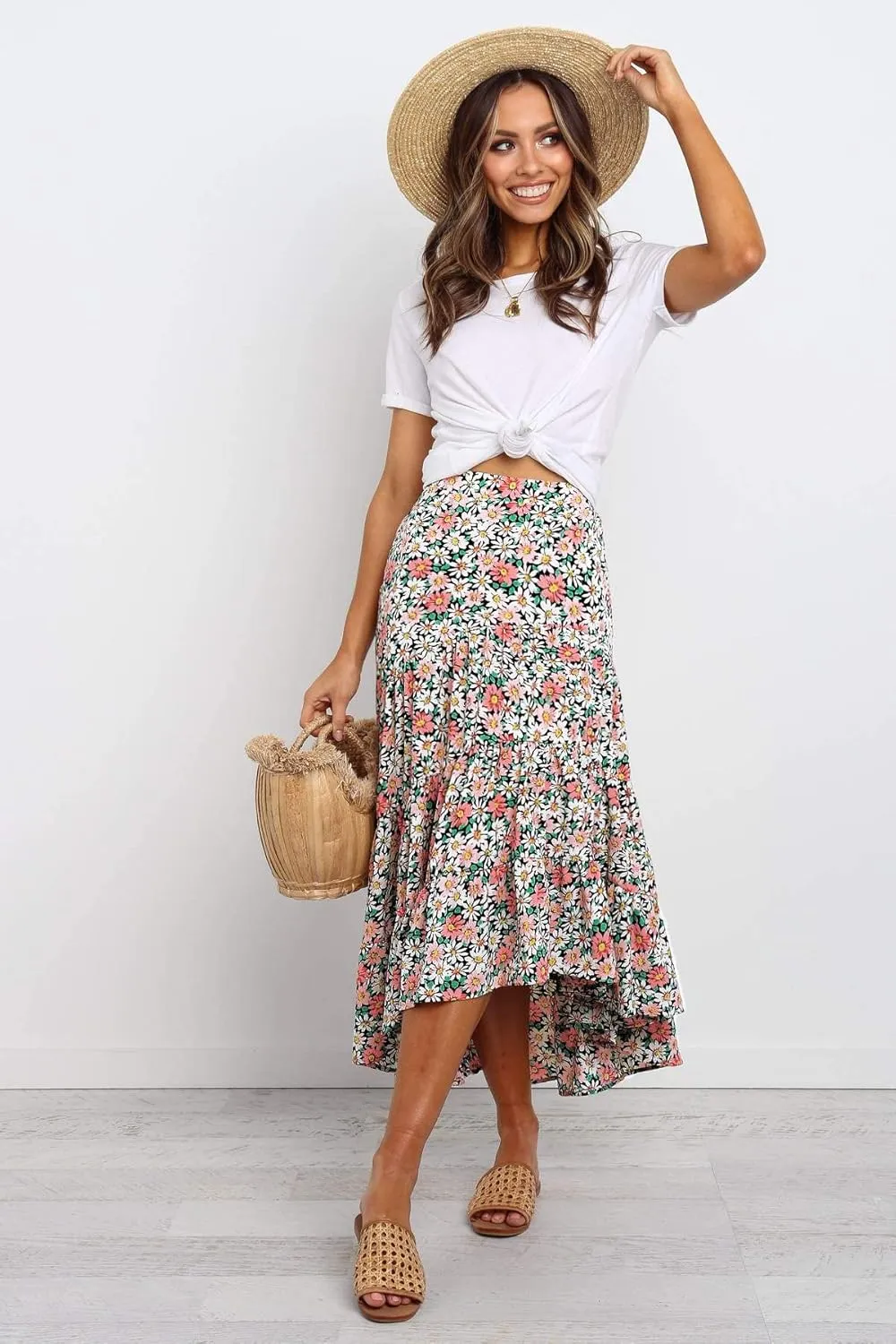 SimpleFun Women's Long Skirts Boho Floral Elastic High Waist Asymmetrical Hem Midi Skirt