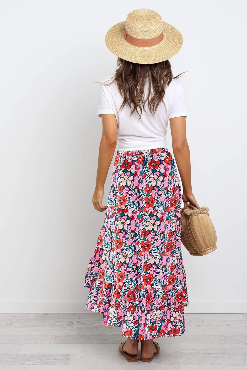 SimpleFun Women's Long Skirts Boho Floral Elastic High Waist Asymmetrical Hem Midi Skirt
