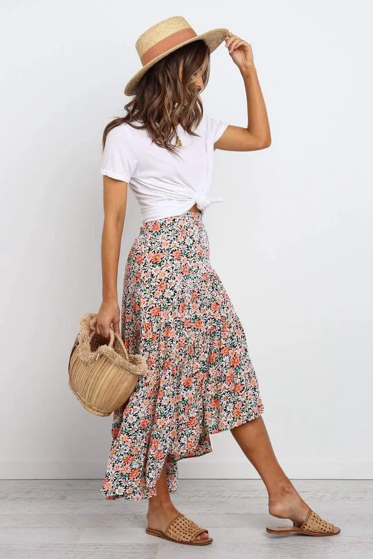 SimpleFun Women's Long Skirts Boho Floral Elastic High Waist Asymmetrical Hem Midi Skirt